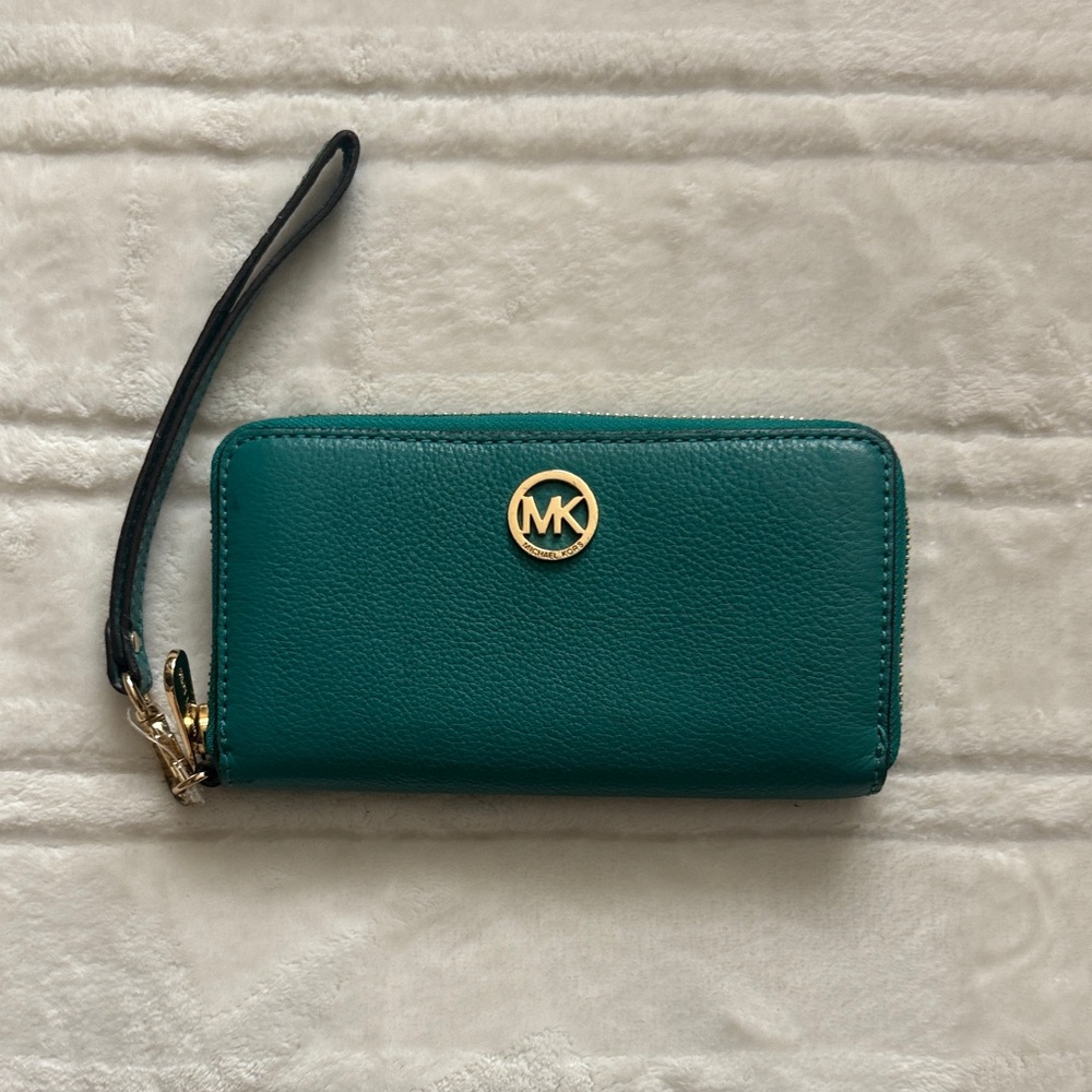 Michael Kors turquoise Teal Wristlet wallet with Gold Logo pebbled leather